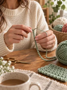 Hands learning the first crochet chain