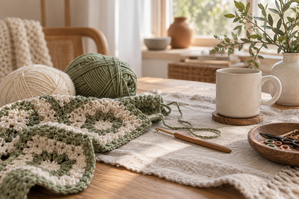 Cozy crochet workspace with yarn hook and handmade project