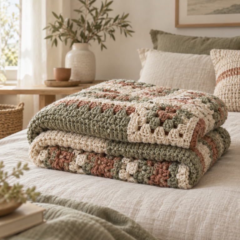 Folded handmade crochet blanket