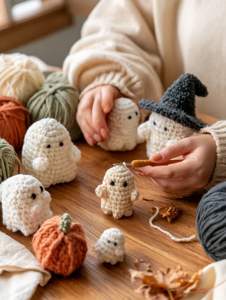 Handmade crochet ghosts for Halloween
